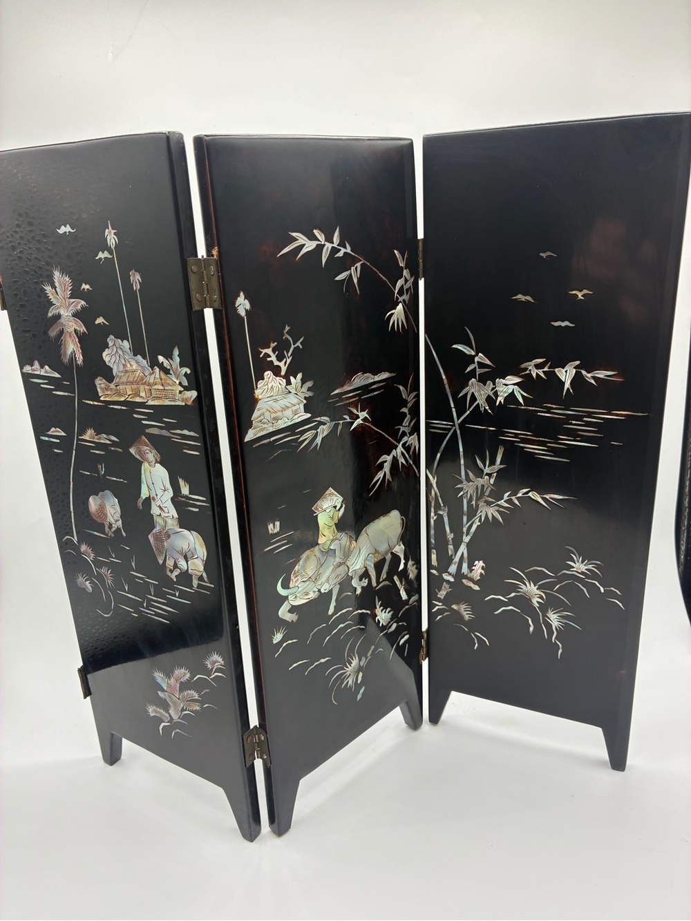 Vintage Asian Lacquer 3-Panel Folding Screen Mother of Pearl Dragon Goldfish